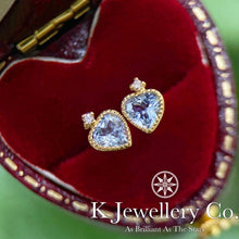 將圖片載入圖庫檢視器 Diamond 18K Gold Aquamarine Heart Shape Ear Studs 海藍寶18K愛心皇冠耳釘