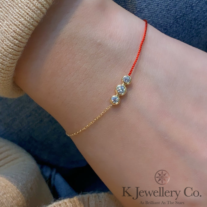 Diamond 18K Gold 0.15ct redline Bracelet 18K natural diamond three-stone red rope bracelet