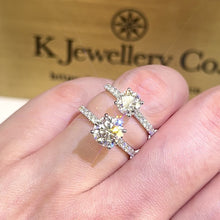 Load the video into the gallery viewer and play, Moissanite 18K Gold Hidden Halo Four Prong Ring 18K Moissanite high setting four prong surrounding stone ring

