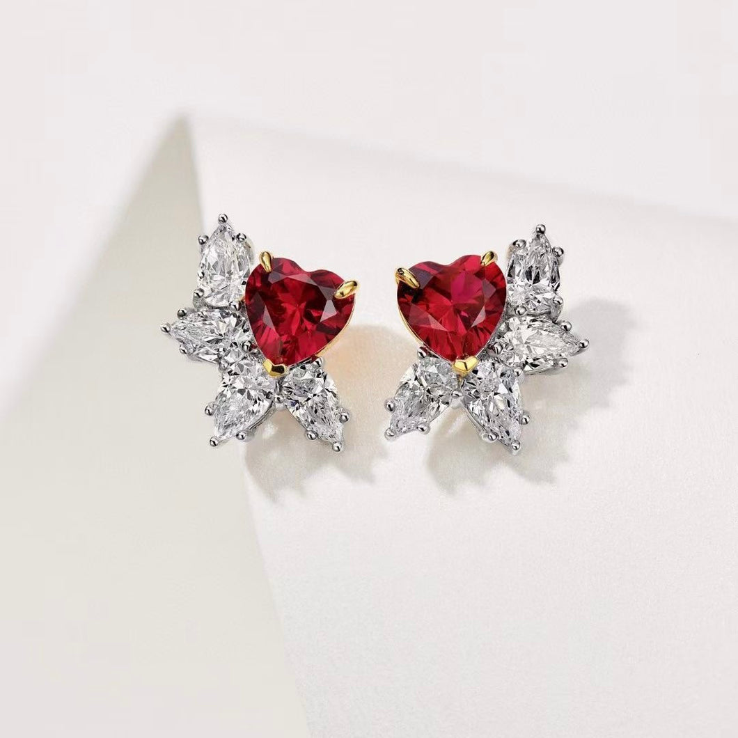 Duel Heart red corundum heart-shaped earrings