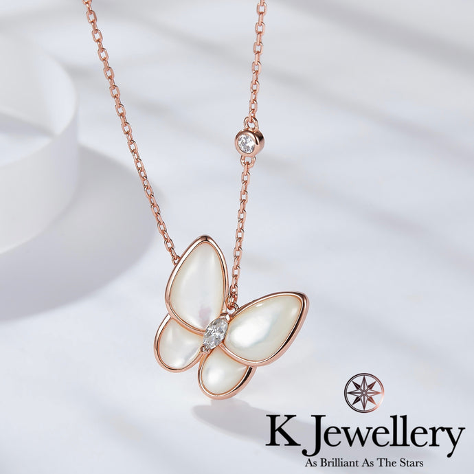 Moissanite Mother-of-pearl Butterfly Necklace莫桑石天然白貝母蝴蝶頸鏈