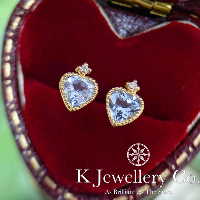 Diamond 18K Gold Aquamarine Heart Shape Ear Studs 海藍寶18K愛心皇冠耳釘